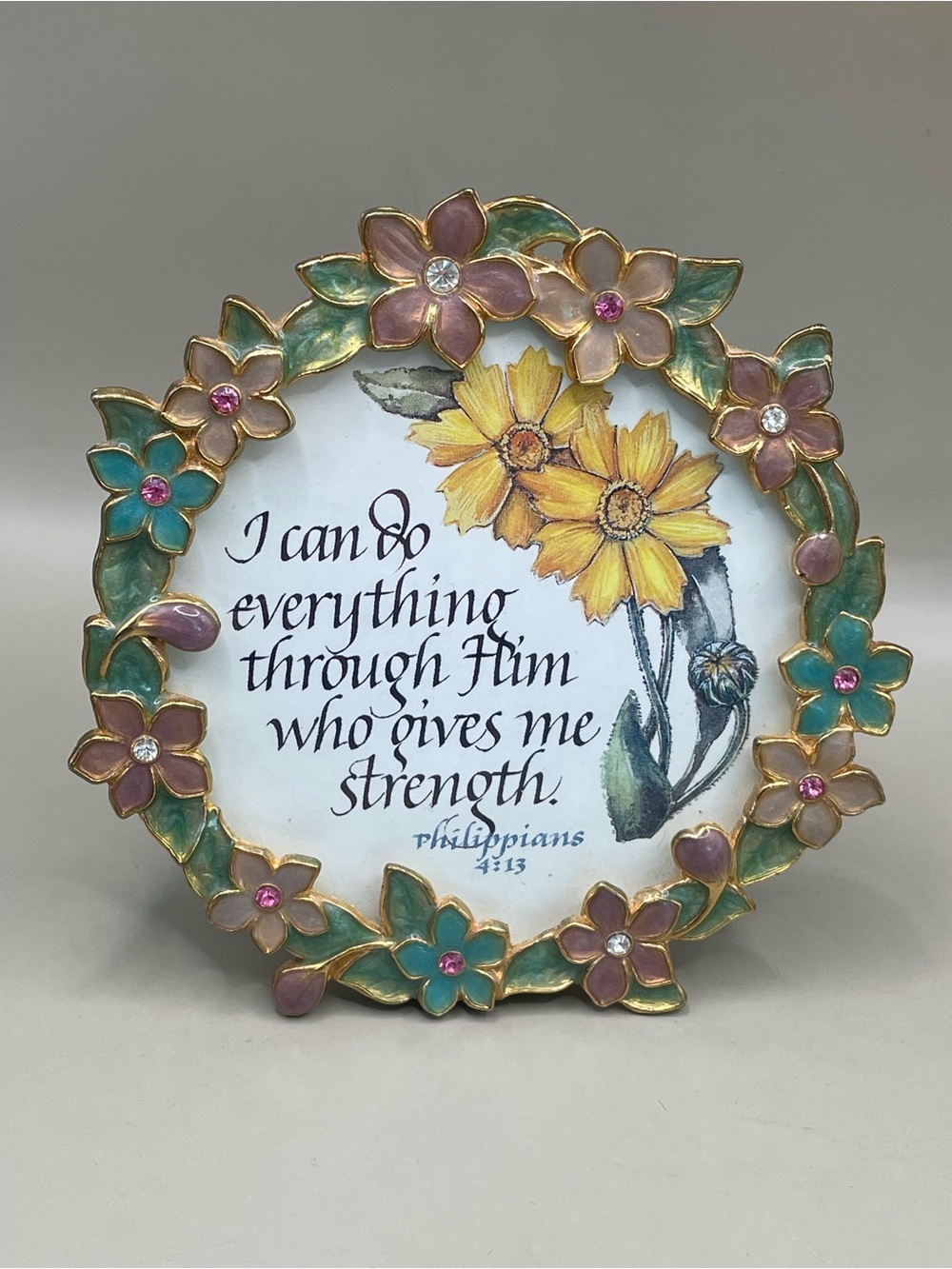 VTG Carr France GoldTone Enameled Floral Round 3.5” Picture Frame Crystals